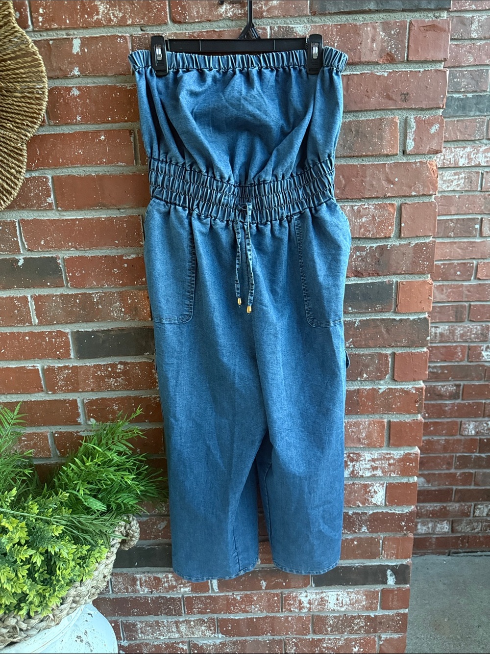 Denim Strapless Smocked Waist Jumpsuit